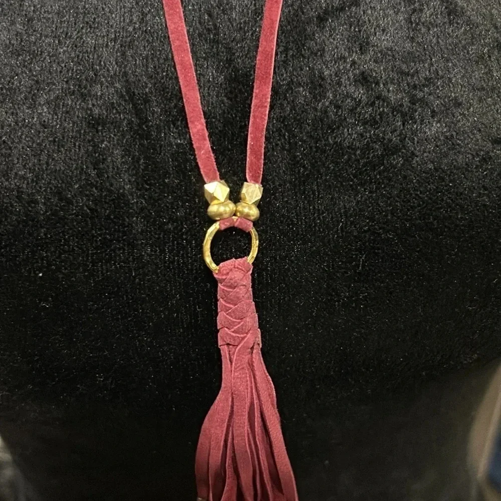 Handmade Faux Maroon Suede &‎ Gold Bead Long Tassel Necklace NWT